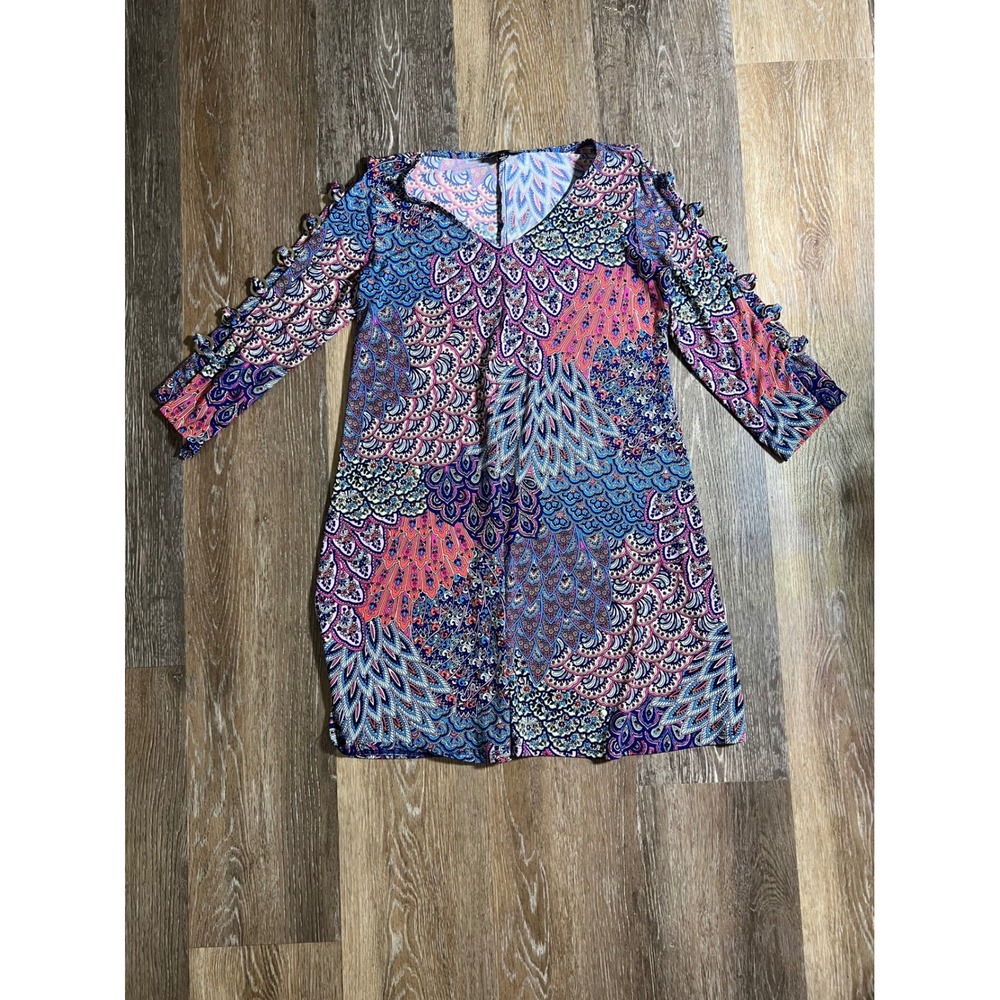MSK‎ Petite Peacock Print V-Neck Mini Dress Blue Pink Grommet Sleeve PS